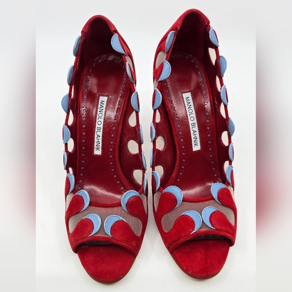 Manolo Blahnik Aziz Kid Suede Open- Toe Pumps - Picture 2 of 16